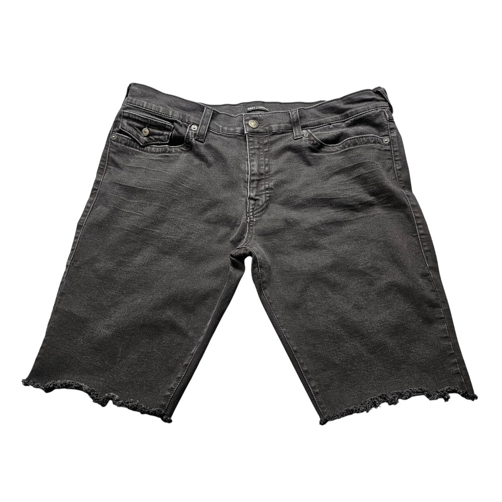 True Religion Ricky Denim Shorts Mens 38 Black Cut Off Raw Hem Flap Pocket Jeans